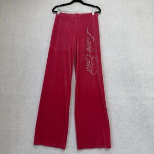 I.AM.GIA Pants Womens Small Pink Velour Wide Leg Lounge Rhinestone Script Logo